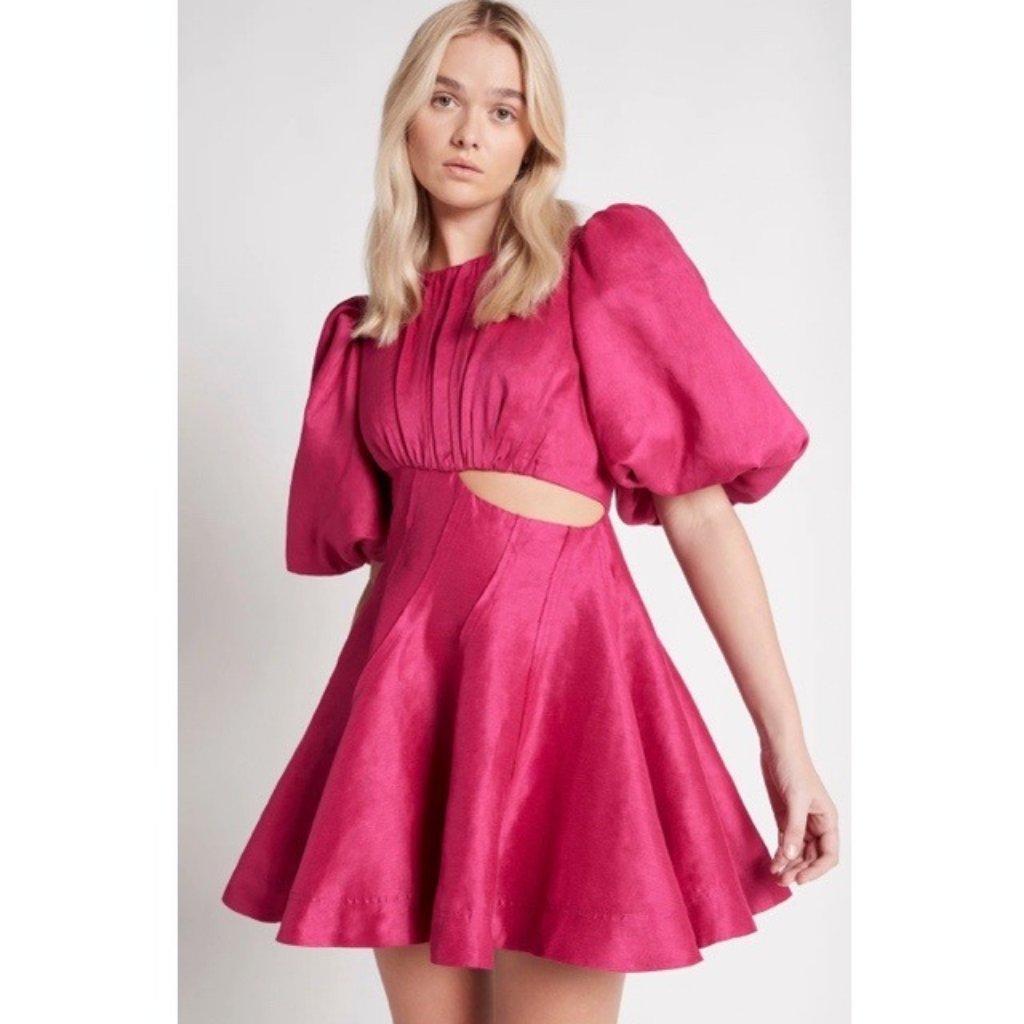 Nwt Aje Admiration Asymmetric Linen Blend Cutout Mini Dress In Fuschia
